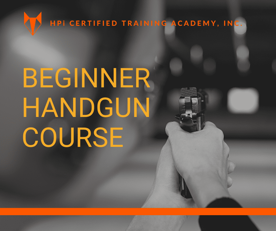 Beginner Handgun Course, branded graphic with image of female hands holding a handgun, serves as advertisement for beginner handgun